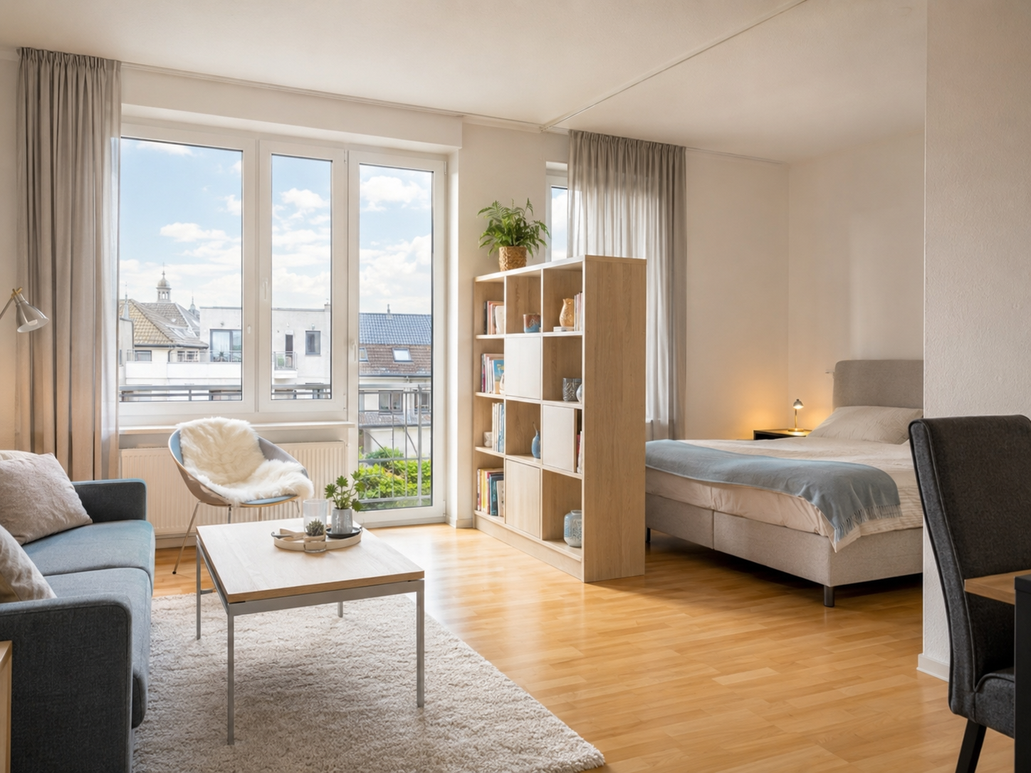 Lichtdurchfluteter Wohnbereich eines City-Apartments in Aschaffenburg